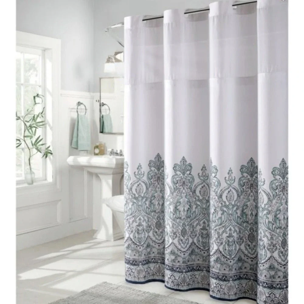 Sure Fit Hookless Shower Curtain Blue Gray Damask Border with PEVA Liner 71x74
